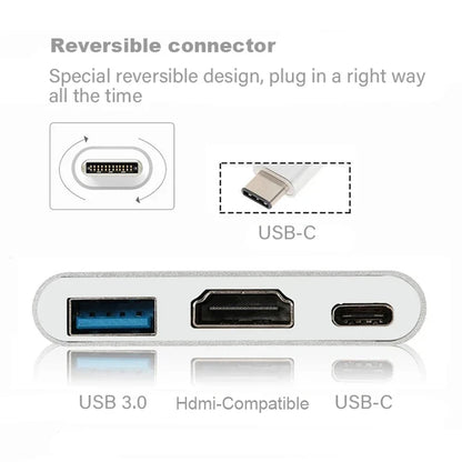 3-in-1 USB-C Hub – HDMI-Compatible 4K, USB 3.0, and USB-C Charging Adapter
