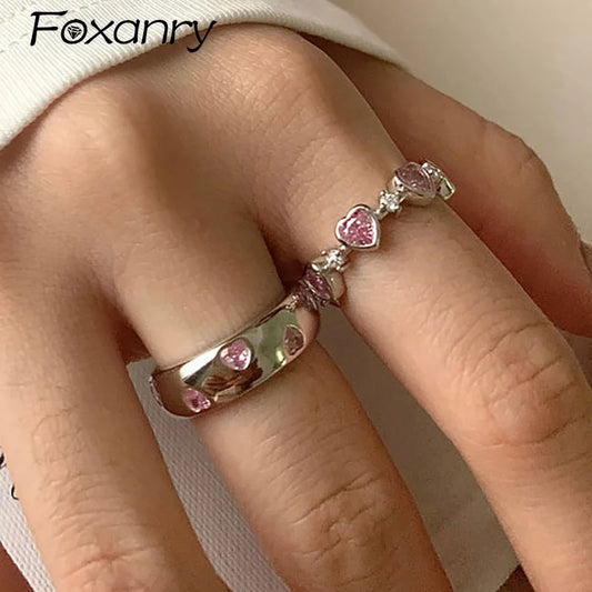 Foxanry Sparkling Pink Zircon Heart-Shaped Wedding Rings for Women | Trendy Korean-Inspired Couples Jewelry